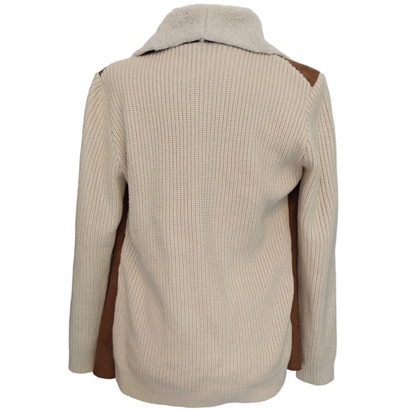 Moth Anthropologie Brown Cream Faux Suede Sherpa Knit Open Front Moto Jacket - Picture 2 of 9